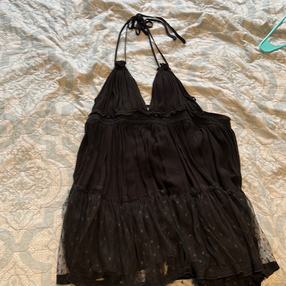 Black ruffle trim halter neck  dress